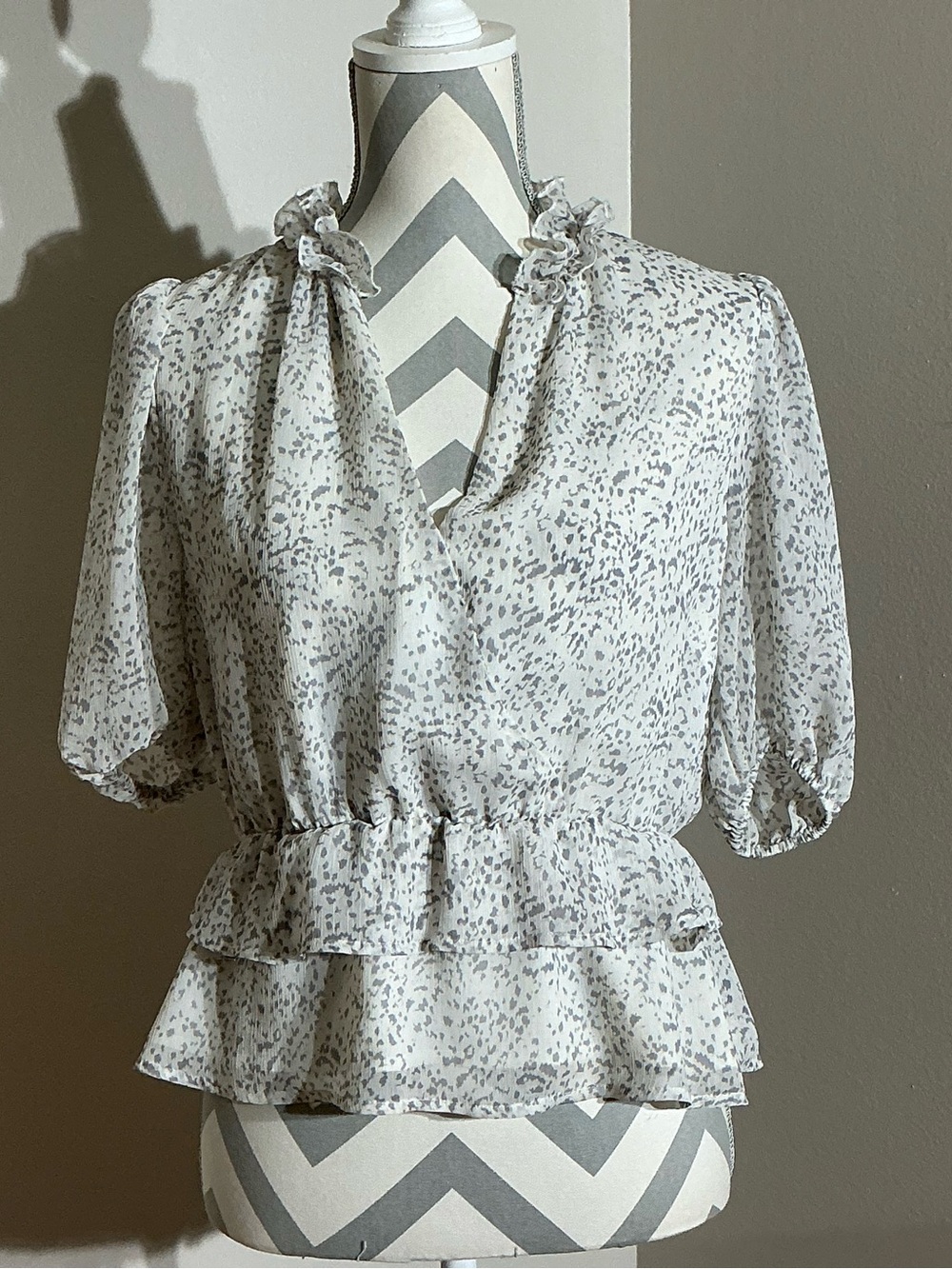 Express White and Light Gray Printed Ruffle V Neck Blouse